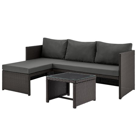 MANHATTAN COMFORT Menton Steel Rattan 2-Piece Chair Lounge and 2 Seater with Coffee Table Patio Set in Grey OD-CV009-GY